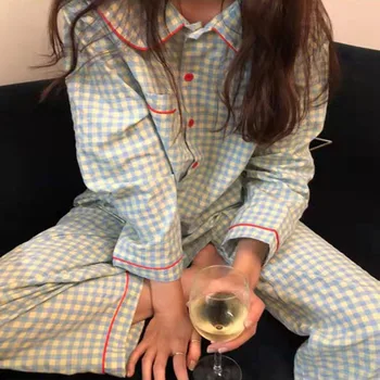 As mulheres do Pijama Conjunto de Leite, Como Xadrez Homewear Cartoon Impressão Pijamas Casual Ins Estilo de Costela Camisola Decote em V de Dormir пижама женска