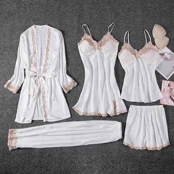 FZSLCYIYI Sexy Branco da Noiva Pijama 5/1Pcs Pijamas de Cetim de Seda Homewear Sono Sala de Pijama Com Almofadas de Peito de Dormir