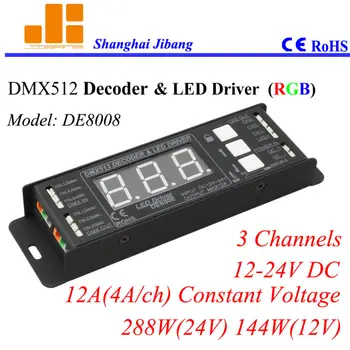 Frete grátis controlador DMX RGB DMX512 decodificador & Driver, display Digital, 3Channels/12V-24V/12A/288W pn:DE 8008