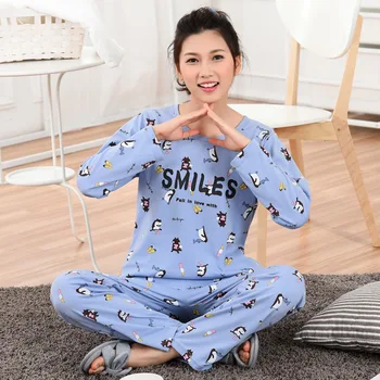 Mulheres de primavera e outono, de tamanho grande, senhoras pijama pijamas novos atacado coreano confortável pijama manga longa conjuntos mulheres pijama