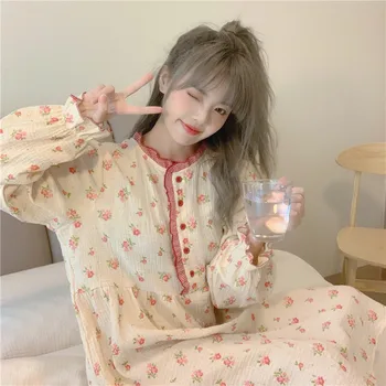 Estampa Floral Primavera Camisola Algodão Doce Coreano Pijamas Solta Manga Longa Dormir Vestido, O Decote Em Casa De Roupa De Homewear