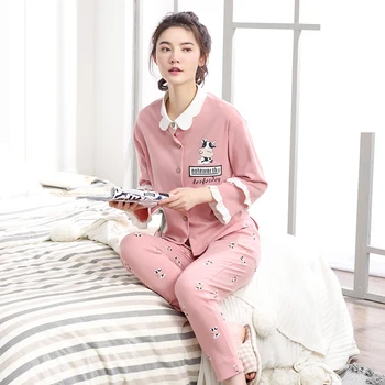 Mulheres 2019 outono e inverno novo casaquinho de algodão virada para baixo de gola manga longa senhoras de calças de pijama coreano lapela do pijama conjuntos