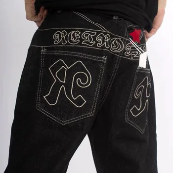 Preto Hip Hop Jeans Homens High Street Star Carta Bordado Em Linha Reta Calças Jeans Masculino Vintage Casual Calças Largas Pantalones