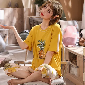 A Coreia Do Pijama Fresco Conjuntos Para As Mulheres De Algodão De Manga Curta Casuais, Pijamas Senhoras Pijamas Terno Primavera Verão Quente Da Venda De 2022, De Duas Peças