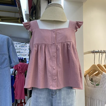 2022 coreano dongdamen roupas de verão nova-coreano solta pescoço quadrado pequena mosca manga idade reduzindo versátil Boneca Mulheres