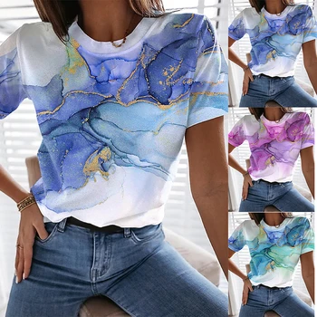 2022 Verão Elegante T-Shirt Das Mulheres Abstrato De Manga Curta, Gola Redonda Tops Streetwear Casual, Mais O Tamanho De T-Shirt De Senhoras Roupas Da Moda