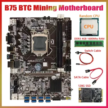 B75 BTC Mineração placa-Mãe+Aleatório CPU+4GB DDR3 1600 mhz RAM+128G SSD+Cabo SATA+Cabo de conexão do Interruptor LGA1155 8XPCIE para Placa USB