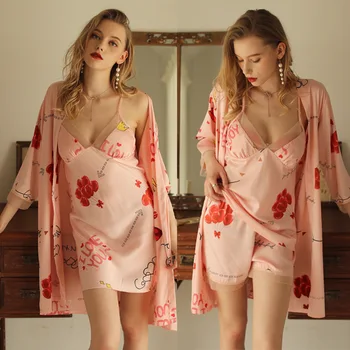 Verão cor-de-Rosa de Impressão Pijama Conjunto de Mulheres Quimono de Seda Vestido de Cetim Novo 4PCS Pijamas Femme Casual Sono Terno V-pescoço Pijamas Terno