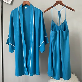 Cetim azul Casa de Vestir Vestido Sexy 2PCS Quimono Manto de Conjunto de Mulher Roupa de Verão Casual Novo Íntima, Lingerie, Homewear Roupão de banho