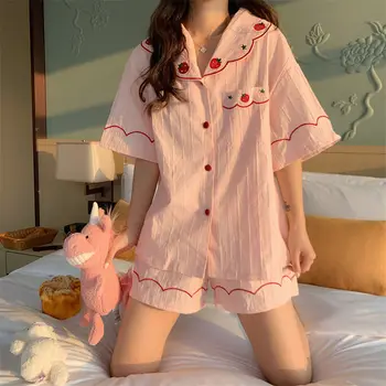 Novo Ins Pijama Feminino Verão Japonês Bonito do Líquido Vermelho de manga Curta, Shorts de Casaquinho de Doce Fino Casa de Serviço de Terno