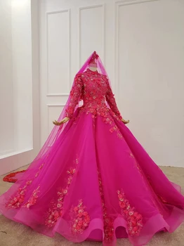 BGW Roxo Vestido de Casamento Muçulmano de Manga Longa, com Gola Alta, Cor de Vestido de Noiva Com Véu de Noiva Rosa-Vestido De Noiva Vintage
