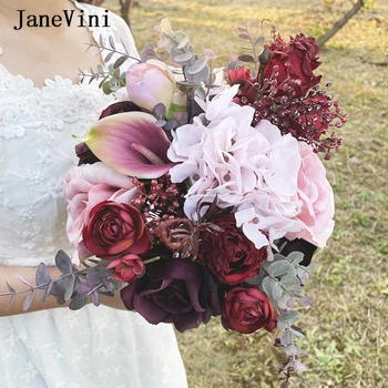 JaeVini 2021 Vermelho Escuro, cor-de-Rosa Bouquets de Casamento Seda Artesanal Rosas Estilo Gótico de Noiva, Buquê de Flores para Damas de honra Acessórios