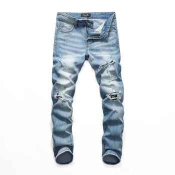 2022 Nova Solto calça Jeans Reta de Moda masculina Rasgado Buraco Streetwear Tornozelo-comprimento e o Tamanho de Calças Jeans 84178