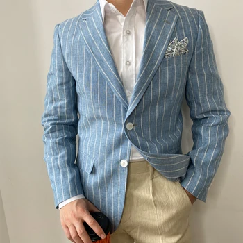 RICODESIGN moda masculina slim fit causal de linho faixa azul jaqueta de terno de negócio formal entalhado terno de dois botões artesanais sob medida