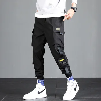 Pantalones de Carga con cintas Harajuku para hombre, ropa de calle informal, Hip Hop, con bolsillos