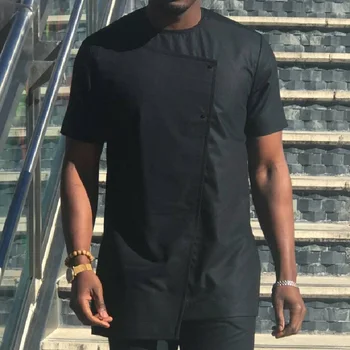 Design assimétrico de moda Africana shirts para os homens de preto sólido de manga curta tops-se dashiki, com retalhos o-pescoço masculino camisa do evento