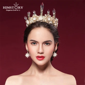 Himstory Luxo De Ouro Grande Flor Tiaras Coroa Artesanal Barroco Cristal Cabeça De Rainha De Casamento Coroa Acessórios De Cabelo