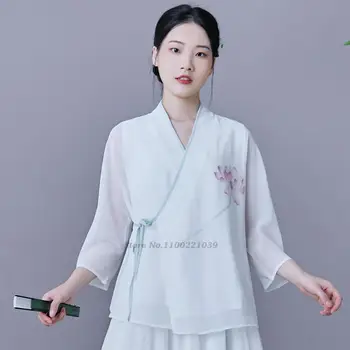 2022 chinês tradicional hanfu tops das mulheres flor de impressão blusa tradicional chiffon chá seavice blusa hanfu oriental tang terno
