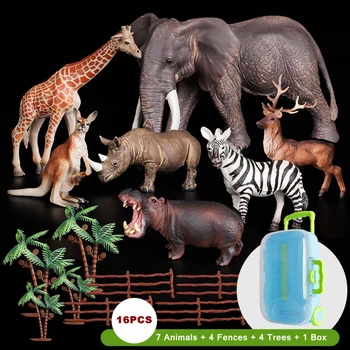 16PCS/SET Simulação Mundo Animal Modelo de Brinquedo de Plástico de Animais Selvagens, Tigre, Leão, Girafa Elk Canguru Elefante, Hipopótamo Zebra Modelo de Brinquedos