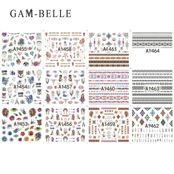 GAM-BELLE 12 Desenhos Unha Conjunto de Adesivos Geométricos, de Penas de Flores Misturado Padrão de Transferência de Água Adesivos de Decoração da Arte do Prego Etiqueta