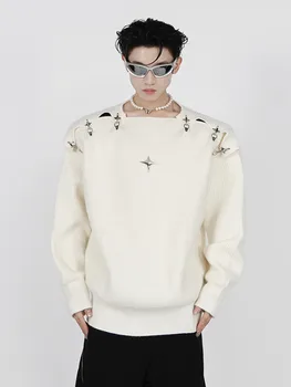 ZCSMLL dos Homens Camisola de Malha Novo Outono Inverno coreano Moda Fivela de Metal Oco Design de Cor Sólida Masculino Tops L57