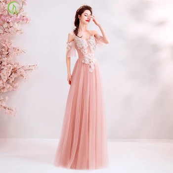 SSYFashion 2019 Novo Doce Laço cor-de-Rosa Vestido de Noite Apliques de Renda Beading V-neck Assoalho-comprimento Formal, Baile Vestido de Manto De Sarau