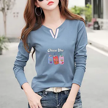 2022 Nova Gola V 100% Algodão T-Shirt Mulher Moda Outono Camisa de Manga Longa feminina T-shirt Solta Estilo coreano Mulheres Camisas