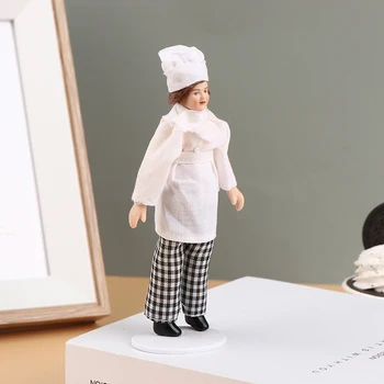 1:12 Casa De Bonecas Em Miniatura Bonequinha De Porcelana Pessoas Modelo De Cozinheiro Chef Boneca Com Suporte De Casinha De Bonecas Cozinha De Restaurante A Vida De Cena Decoração