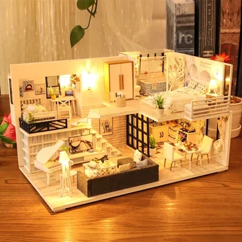 NOVO DIY de Madeira Casa de bonecas em Miniatura Kit de Construção Com Mobiliário Moderno Loft, Casa de Boneca Montagem de Brinquedos Para os Amigos Presentes de Aniversário