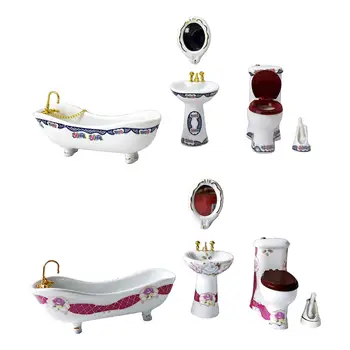 5Pcs 1:6 Escala Vintage Casa de bonecas casa de Banho Conjunto de Móveis em Miniatura Brinquedos Banheira Escova de vaso Sanitário lavatório Espelho Cenário de Suprimentos