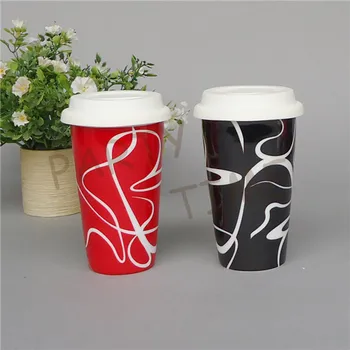 Caneca de café com dupla parede, cerâmica caneca de viagem com uma curva padrão, anti-copo quente