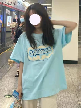 T-shirts Mulheres Estilo coreano de Impressão de Moda Simples de Todos-jogo Básico Diária Solto Harajuku Chique de Manga Curta da Juventude de Verão Casual Novo