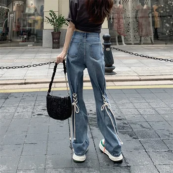 Rua Personalidade Que Velho Jeans Vintage Cintura Alta Bandage Arco Laço De Cordão Design Reta Jean Reta Wide Leg Pants