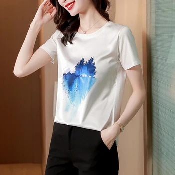 Algodão das Mulheres T-shirt Solto No Verão a Impressão de Manga Curta Tees de Moda Casual O-Tops com decote