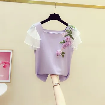 Roxo T-Shirt Mulher Nova coreano Malha Folha de Lotus Manga Bordados Tridimensionais Flor Praça Neck T-shirt Senhora Crop Top
