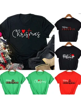 O natal Cristão Mulheres Gráfico T-Shirts Cruz de Jesus, Crer Estética Harajuku T-shirt Tees Tops DW150