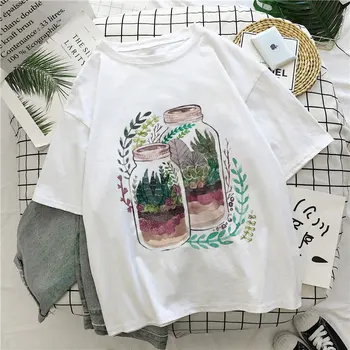 O vaso de Planta de Impressão Gráfica de T-shirt das Mulheres Harajuku Estética Cumes Brancos Casual Tshirt 2021 Nova Moda de Verão Y2k Feminina T-Shirt