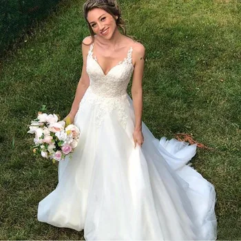 Jardim de Casamento Vestido com Decote em V Apliques de Tule sem encosto de Uma Linha de Vestidos de Casamento do Laço Feito Vintage vestido de noiva