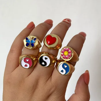 APENAS SENTIR Pequena Daisy Tulip Yin Yang Amor Anéis Para Meninas de Lazer Chá da Tarde Bijoux de Moda de Metal Dourado Esmalte Jóias Anéis